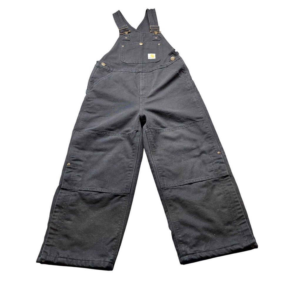 Carhartt Double Knee Bib Overalls Kids 12 Black Duck Canvas Workwear Dungarees